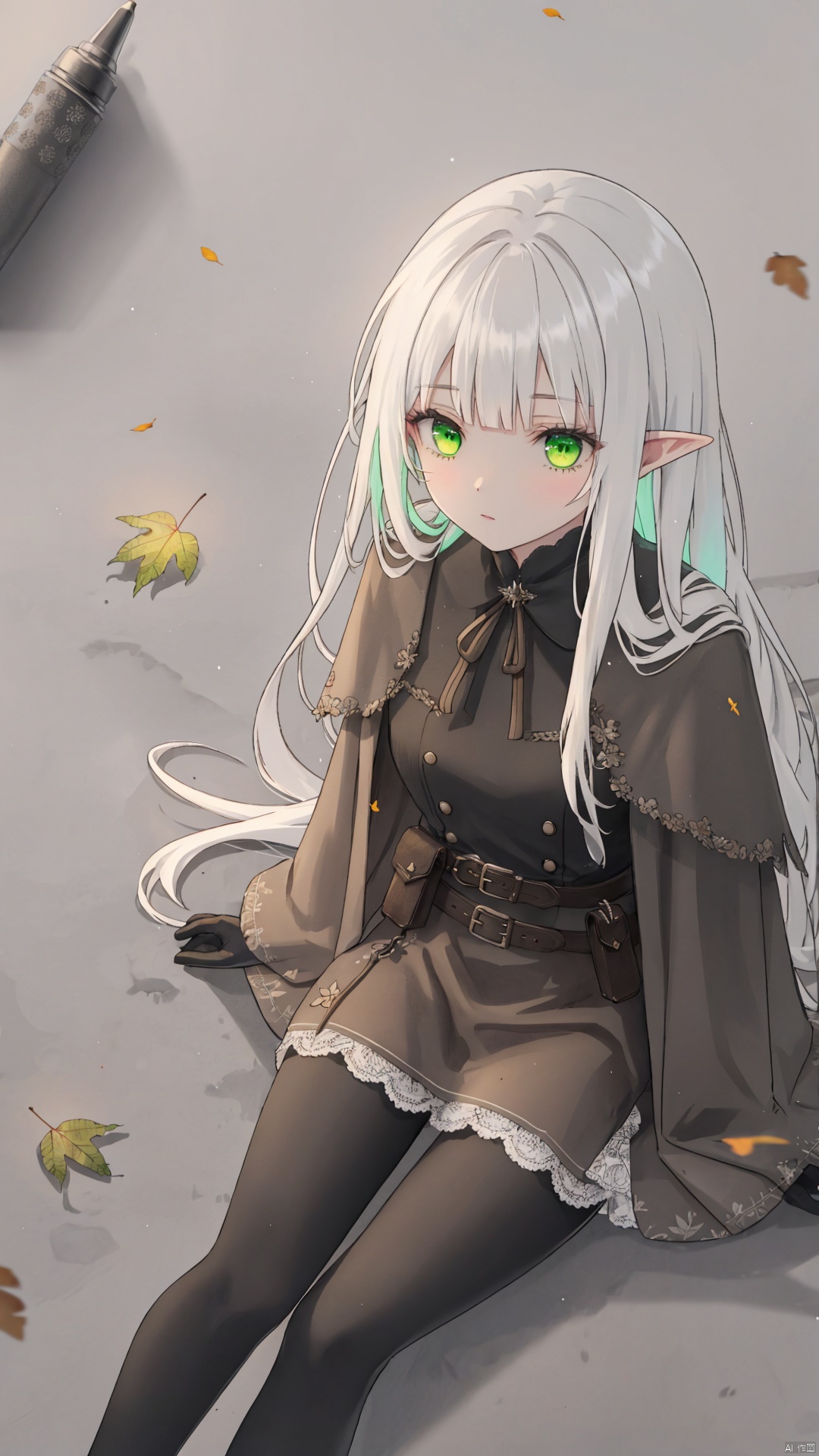 traditional media, sketch,
elf, 1girl, solo,
green eyes, (white hair), long hair, (blunt bangs), pointy ears, floating hair, green gradient hair,
brown cloak, brown belt, pouch, white frilled shirt, brown gloves, long sleeves, leather, black leggings,
expressionless, looking up, 
sitting, aster, lawn, meadow, (from above:1.2),
falling leaves, luminous, 