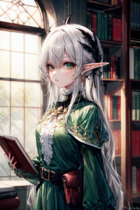  cropped background, cropped torso
traditional media, (sketch), 
1girl, solo, elf,
green eyes, (white hair), green gradient hair, (long hair), floating hair,
frilled shirt, brown capelet, long sleeves, pouch, belt, brooch,
chibi, (upper body), 
gothic architecture, library, bookcase, bookshelf, window, indoors, (depth of field), from side