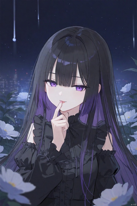  1girl, solo, 
Long hair, black hair, purple gradient hair, purple eyes, blunt bangs, hair over one eye, 
gothic, lace_trim, long sleeves, frilled shirt, detached_sleeve,
upper body, (half-closed eyes), (chibi:0.3), 
blurry_foreground, night,
looking at viewer, tongue out, fang, finger_to_mouth,
masterpiece,bestquality, [artist:AGM86997980],artist:ciloranko,artist:wlop,[artist:sho_(sho_lwlw)],artist:ask(askzy),[artist:yuriTizu],[artist:ciloranko],[[artist:sola_syu]],[artist:morikura_en],
