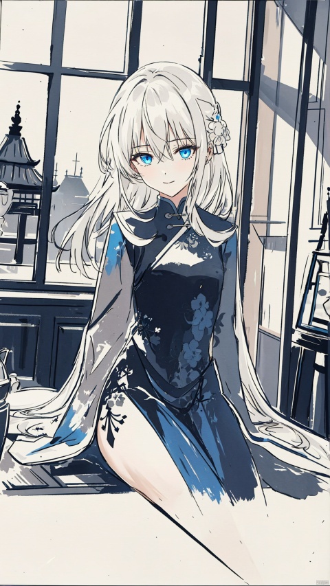  traditional media ,ink sketch, (flat color), (cropped background),
1girl, solo,
white hair, long hair, hair between eyes, blue starry eyes, floating hair, wind,
light smile, light blush, cupping hands,
[china dress|school uniform], blue clothes, long sleeves, pleated dress, 
upper body, sitting, indoors, wooden table, wooden wall, tea set, open window, 
east asian architecture, zydink, monochrome, luminous