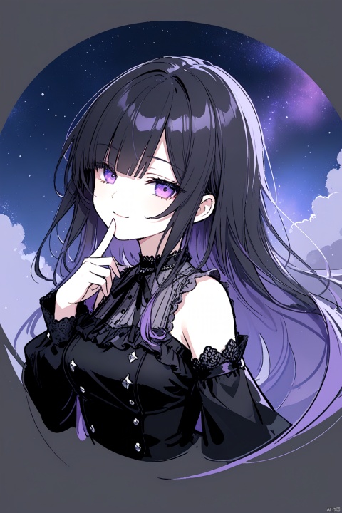  1girl, solo, 
Long hair, black hair, purple gradient hair, purple eyes, blunt bangs, hair over one eye, glowing eyes, 
gothic, lace_trim, long sleeves, frilled shirt, skirt, choker, detached_sleeve,
(half-closed eyes), chibi, 
looking at viewer, smirk, hush, finger to mouth, covering mouth,
(cropped background), cropped torso, (sketch:1.2), purple rose, starry sky, galaxy,
masterpiece,bestquality, [artist:AGM86997980],artist:ciloranko,artist:wlop,[artist:sho_(sho_lwlw)],artist:ask(askzy),[artist:yuriTizu],[artist:ciloranko],[[artist:sola_syu]],[artist:morikura_en], line art,line style