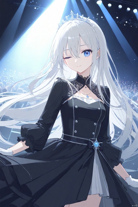  1girl, solo, 
blue eyes, white hair, (long hair), hair between eyes, medium breasts, 
black dress, lace collar, long sleeves, gloves, tiara, necklace, 
looking at viewer, light smile, one eye closed, close-up, 
on stage, microphone, spotlight, crowd, concert hall,
masterpiece,bestquality, [artist:AGM86997980],artist:ciloranko,artist:wlop,[artist:sho_(sho_lwlw)],artist:ask(askzy),[artist:yuriTizu],[artist:ciloranko],[[artist:sola_syu]],[artist:morikura_en], line art,line style