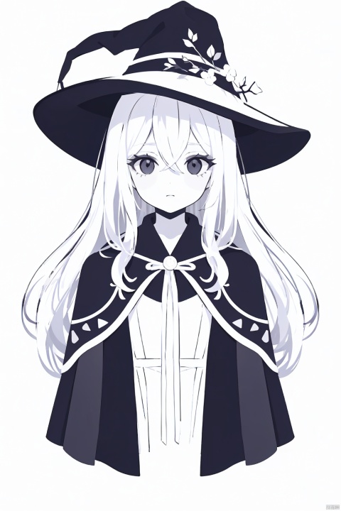  [(white background:1.4)::4], solo, round image, (monochrome:1.2), limited palette, (flat color:1.3), sketch, 
solo, 1girl, 
robe, capelet, witch hat, 
long hair, gray hair, black eyes, hair between eyes, 
medium breasts,
upper body, 
looking at viewer, expressionless, (fatigues),
white background,fantasy, thorns,