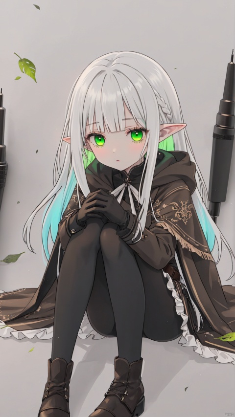 traditional media, sketch,
elf, 1girl, solo,
green eyes, (white hair), long hair, (blunt bangs), pointy ears, floating hair, green gradient hair,
brown cloak, brown belt, pouch, white frilled shirt, brown gloves, long sleeves, leather, black leggings,
chibi, expressionless, hand raised, 
sitting, 
falling leaves, luminous
