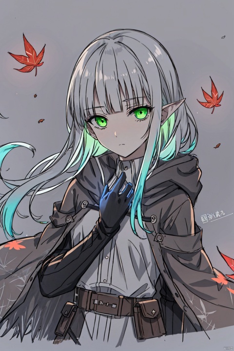 cropper torso, cropped background,
monochrome, ink sketch, traditional media, sketch,
elf, 1girl, solo,
green eyes, (white hair), long hair, (blunt bangs), pointy ears, floating hair, green gradient hair,
brown cloak, brown belt, pouch, white frilled shirt, brown gloves, long sleeves, leather,
upper body, chibi, expressionless, hand on own chest, light frown,
falling leaves, artsuijin