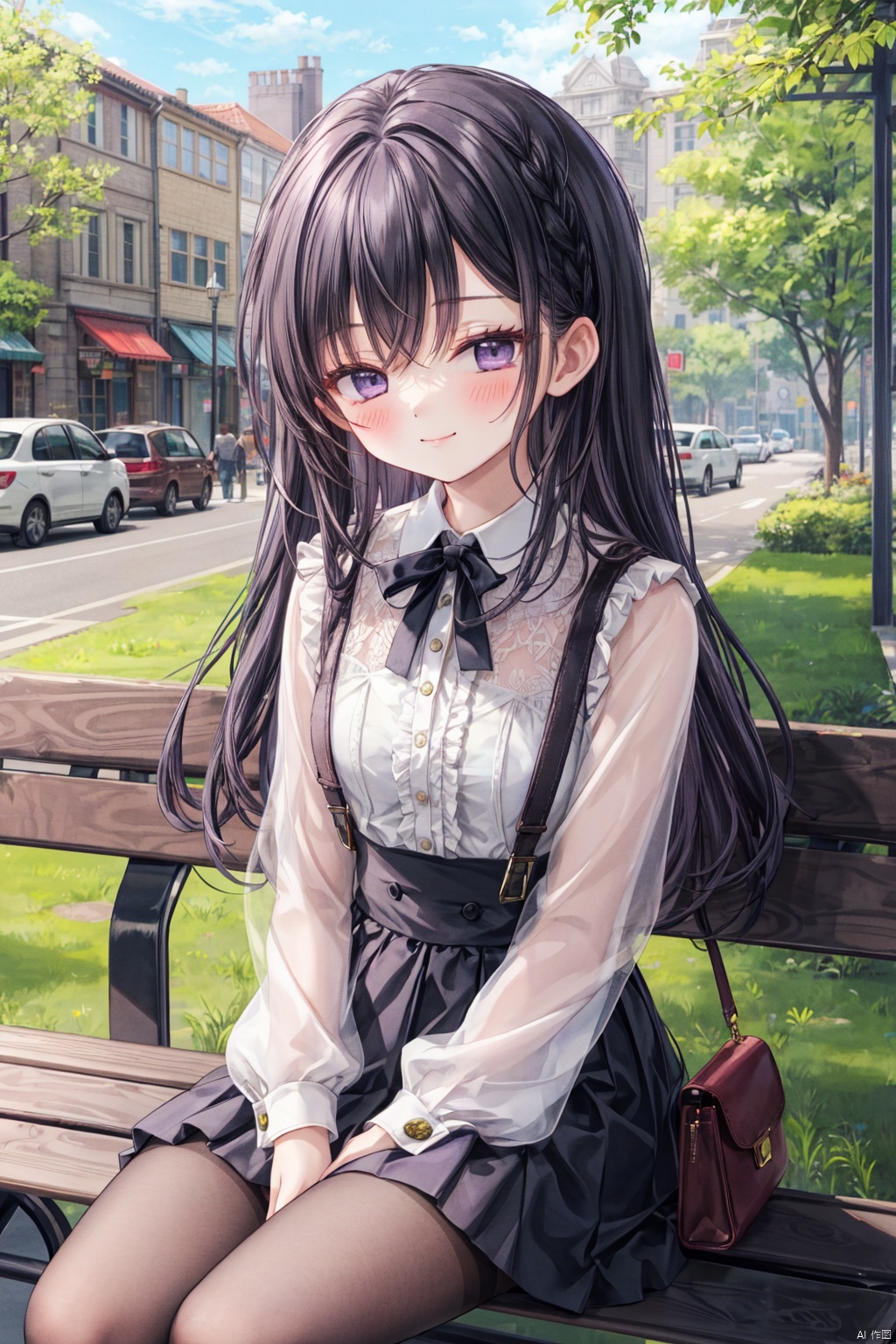  1girl, solo, 
Long hair, black hair, purple eyes, swept bangs, thighs, 
see-through sleeves, black pantyhose, frilled shirt, suspender skirt, 
half-closed eyes, blush, smug, smirk, 
sitting on bench, upper body, chibi, 
sunlight, park, street,