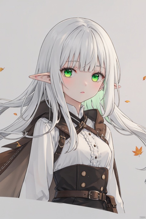  cropper torso, cropped background,
traditional media, sketch,
elf, 1girl, solo,
green eyes, (white hair), long hair, (blunt bangs), pointy ears, floating hair, green gradient hair,
brown cloak, brown belt, pouch, white frilled shirt, brown gloves, long sleeves, leather,
upper body, chibi, expressionless, hand raised, 
falling leaves, luminous