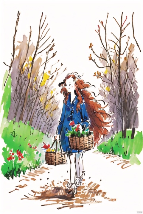  labi, 1girl, solo, cute, chibi, very long hair, red hair, wavy hairs, deer antlers, walking in the woods, dynamic angle, holding a basket full of wild flowers, happy, cheerful, sweet smile,
