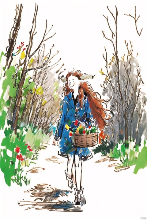  labi, 1girl, solo, cute, chibi, very long hair, red hair, wavy hairs, deer antlers, walking in the woods, dynamic angle, holding a basket full of wild flowers, happy, cheerful, sweet smile, minimalist, 