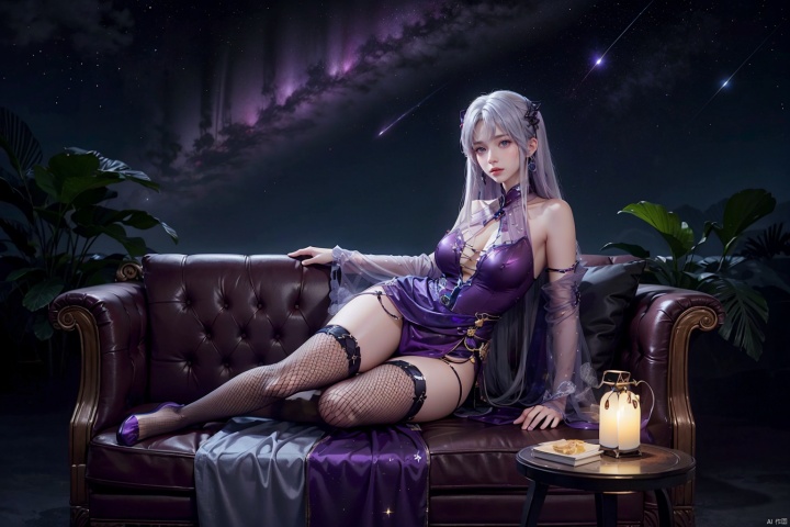  1girl, aurora, bare_shoulders, city_lights, constellation, crescent_moon, galaxy, , light_particles, long_hair, milky_way, moon, moonlight, night, night_sky, planet, purple_sky, shooting_star, sky, sleeveless, solo, space,long hair, white hair, solo, breasts,,full body,purple eyes,  full body, xiaoyixian,on_side,couch,polka_dot_pajamas, ((poakl)),black fishnets