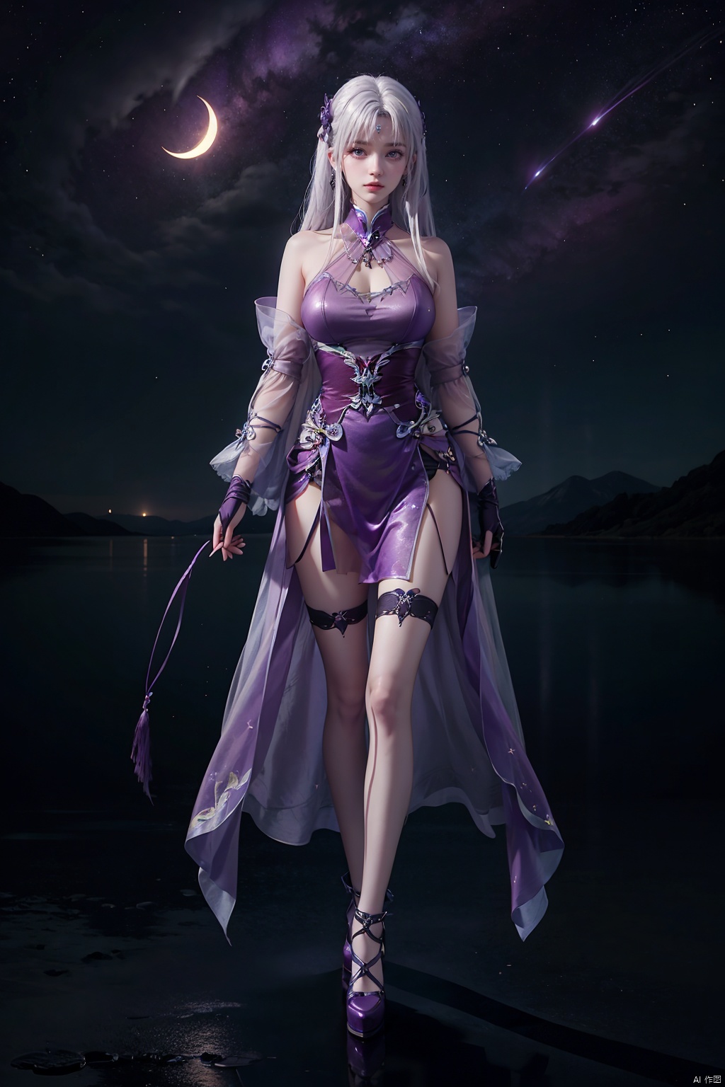  1girl, aurora, bare_shoulders, city_lights, constellation, crescent_moon, galaxy, , light_particles, long_hair, milky_way, moon, moonlight, night, night_sky, planet, purple_sky, shooting_star, sky, sleeveless, solo, space,long hair, white hair, solo, breasts,,full body,purple eyes,  full body, xiaoyixian, ((poakl)),black fishnets,babydoll