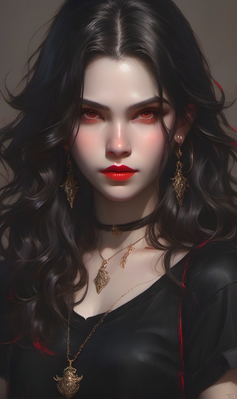 1girl,long_hair,looking_at_viewer,shirt,black_hair,brown_eyes,jewelry,upper_body,earrings,parted_lips,horns,solo_focus,necklace,blurry,lips,looking_to_the_side,black_shirt,blurry_background,wavy_hair,realistic,red_lips,cinematic lighting,side light,sunshine,strong contrast,high level of detail,Best quality,masterpiece
