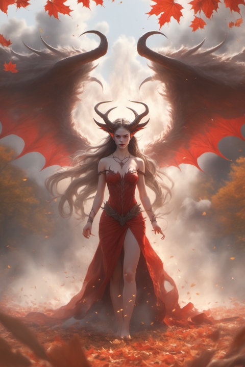 Hyperrealistic art,BJ_Sacred_beast, 1girl,solo,long_hair,bare shoulders,red_dress,skirt,(((wings,red_wings))),(full shot),looking_at_viewer,, horns,fire,teeth, day, no_humans, smoke,Autumn, maple leaves,cinematic lighting,strong contrast,high level of detail,Best quality,masterpiece, Extremely high-resolution details, photographic, realism pushed to extreme, fine texture, incredibly lifelike
