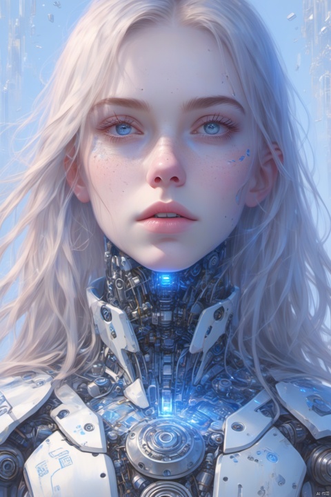 BJ_Cyber_albinism, 1girl, solo, long_hair, blue_eyes, closed_eyes, upper_body, parted_lips, lips, freckles, science_fiction, nose, android, mechanical_parts,
photo,8k,intricate,highly detailed,majestic,digital photography,broken glass,(masterpiece, sidelighting, finely detailed beautiful eyes:1.2),hdr,realistic,high definition,
. Dreamlike,mysterious,provocative,symbolic,intricate,detailed,