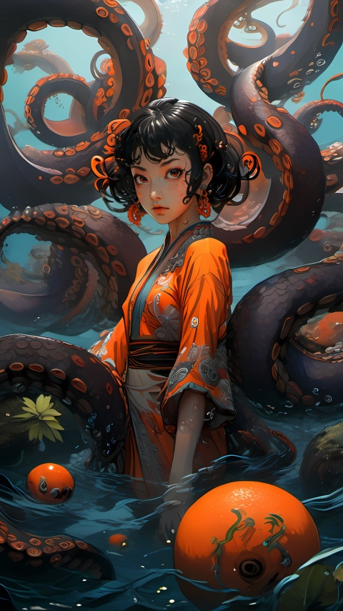  anime artwork BJ_Sacred_beast_Illustration,Octopus,1girl,solo,looking_at_viewer,short_hair,black_hair,jewelry,earrings,japanese_clothes,kimono,water,black_eyes,monster_girl,tentacles,partially_submerged,orange_theme,photo,8k,intricate,highly detailed,majestic,digital photography,broken glass,(masterpiece, sidelighting, finely detailed beautiful eyes:1.2),hdr,realistic,high definition,, . anime style, key visual, vibrant, studio anime, highly detailed, BJ_Sacred_beast_Illustration, BJ_debris, bailong plant girl, xxmix_girl,a girl made of dead plants