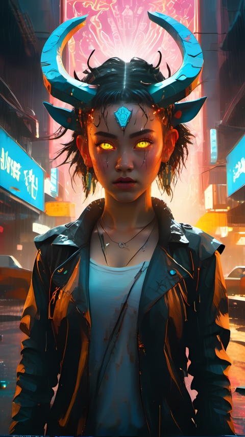  Neon noir 1girl,two horns on the head,look at the audience,photo,8k,intricate,highly detailed,majestic,digital photography,broken glass,(masterpiece, sidelighting, finely detailed beautiful eyes:1.2),hdr,realistic,high definition,, . Cyberpunk, dark, rainy streets, neon signs, high contrast, low light, vibrant, highly detailed, BJ_Sacred_beast_Illustration