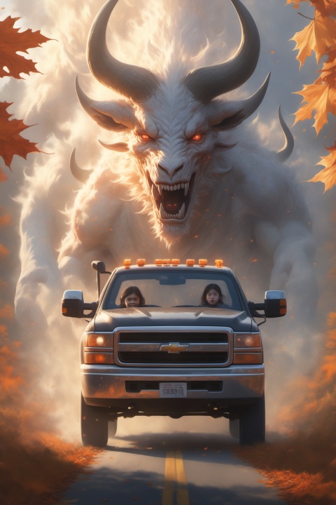 Hyperrealistic art,BJ_Sacred_beast, 2girl, driving down the road in a pickup truck,
,looking_at_viewer, horns,fire,teeth, day, no_humans, smoke,Autumn, maple leaves,cinematic lighting,strong contrast,high level of detail,Best quality,masterpiece, Extremely high-resolution details, photographic, realism pushed to extreme, fine texture, incredibly lifelike
