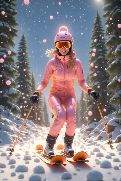 female,  wearing a helmet, wearing a pink laser ski jersey with a carrot pattern on the front of the jersey, skiing on snow, gliding action, light snow falling from the sky, POP MART style, C4D, octane render, very high quality, super high detail, HD, 8K