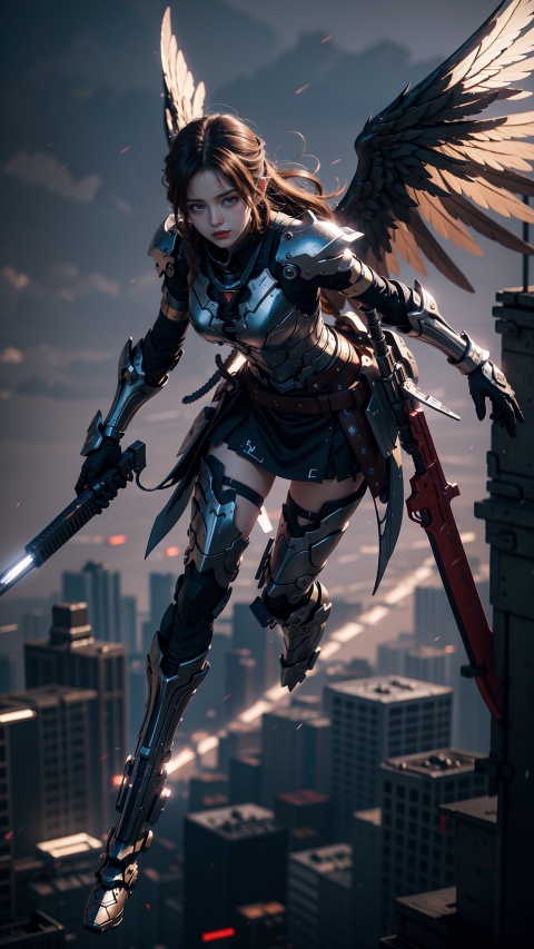 1girl,solo, holding, full body,weapon,holding_weapon, gun,wings, flying,cinematic lighting,strong contrast,high level of detail,Best quality,masterpiece