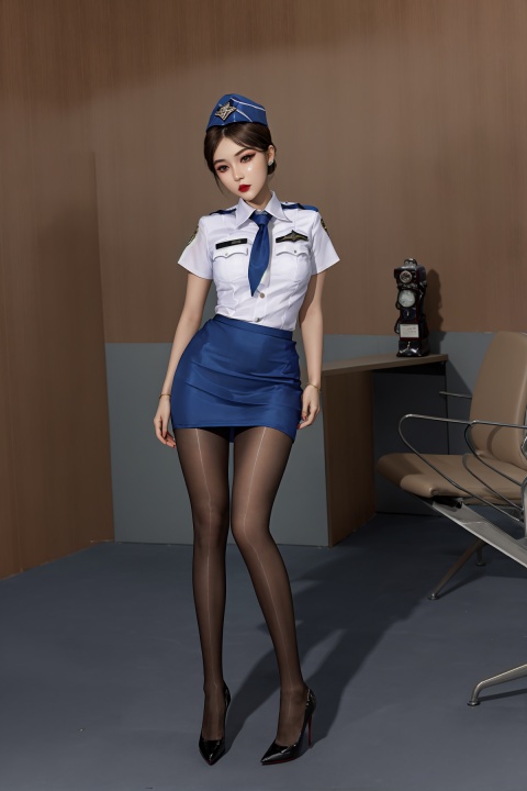  masterpiece,best quality,extremelydetailed,high_heels, 1girl, skirt, solo, hat, pantyhose, lipstick, police, uniform, makeup,standing,,,pantyhose
