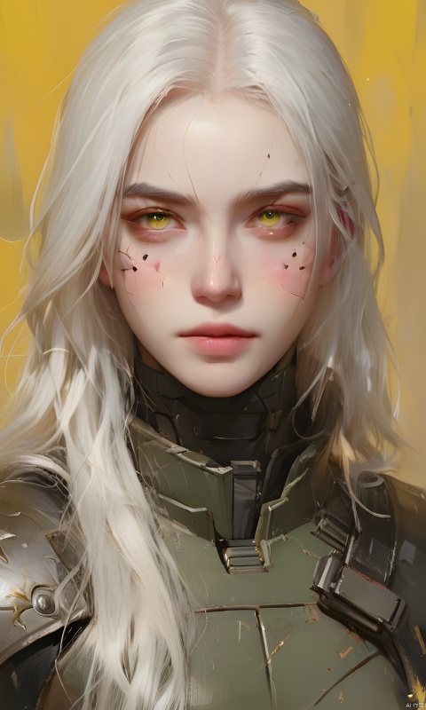  BJ_Cyber_albinism,1girl,solo,long_hair,looking_at_viewer,closed_mouth,green_eyes,upper_body,white_hair,armor,lips,facial_mark,portrait,hair_over_shoulder,yellow_background,forehead,realistic,nose,facial_tattoo,photo,8k,intricate,highly detailed,majestic,digital photography,broken glass,(masterpiece, sidelighting, finely detailed beautiful eyes:1.2),hdr,realistic,high definition,. Dreamlike,mysterious,provocative,symbolic,intricate,detailed,,