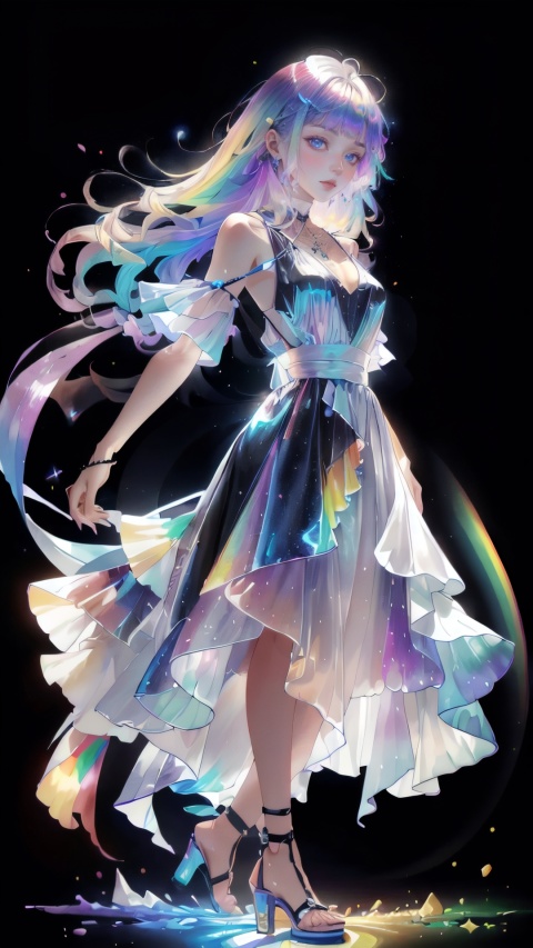 masterpiece, best quality,highres, 1girl, tall, long hair, perfect stature, white dress, fashion pose, bangs, chromatic dispersion,metallic_lustre, see_through, (tansparent_plastic:1.3), coloured glaze, Polychromatic prism effect, rainbowcore, iridescence/opalescence, glowing colors, aluminum foil, Glowing ambiance, (portrait:1.5), black background, full body, , ,liuli2