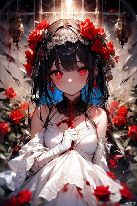 masterpiece,best quality,ultra-detailed,illustration,an extremely delicate and beautiful,beautiful detailed eyes,detailed light,beautiful deatailed shadow,1girl,loli,floating_hair,glowing eyes,black hair,red eyes,sad,lolita,bare shoulders,white_dress,rose,vines,blood,cage,bandage,red rope,sketch,painting