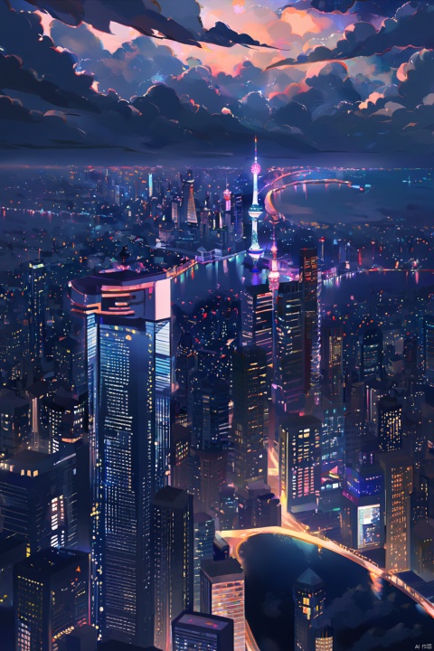 outdoors, sky, cloud, no humans, night, building, scenery, city, cityscape, skyscraper, city lights, dark, night sky,(Oriental Pearl:1.2), high-rise, Shanghai