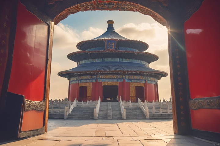 Beijing, (Temple of Heaven: 1.2), Hall of Prayer for Good Harvests, looking from the red door, the scenery is framed in the door, the Hall of Prayer for Good harvests looks particularly magnificent under the blue sky and white clouds.