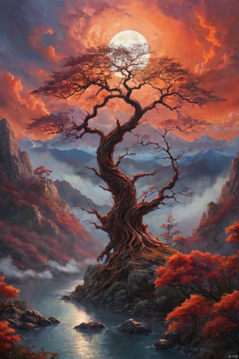 the image presents a surrealistic landscape scene. dominating the background is a large mountain, adorned with a red orange hue that transitions into deep orange and brown hues near the peak. the mountain's top is capped with a red light, adding an eerie glow to the scene. in the foreground, there's a tree with gnarled branches reaching out towards the sky, reminiscent of a bony hand. this tree appears to be made of black lines against a backdrop of red orange clouds. above, the night sky is visible, with the moon casting a soft white light. despite being set at night, the colors and lighting give the scene a dreamy and ethereal quality., romantic impressionism, dream scenery art, beautiful oil matte painting, romantic, style of thomas kinkade, beautiful digital painting, anime landscape, romantic painting, thomas kinkade style painting, dreamlike digital painting, colorful painting, beautiful gorgeous digital art, style thomas kinkade
