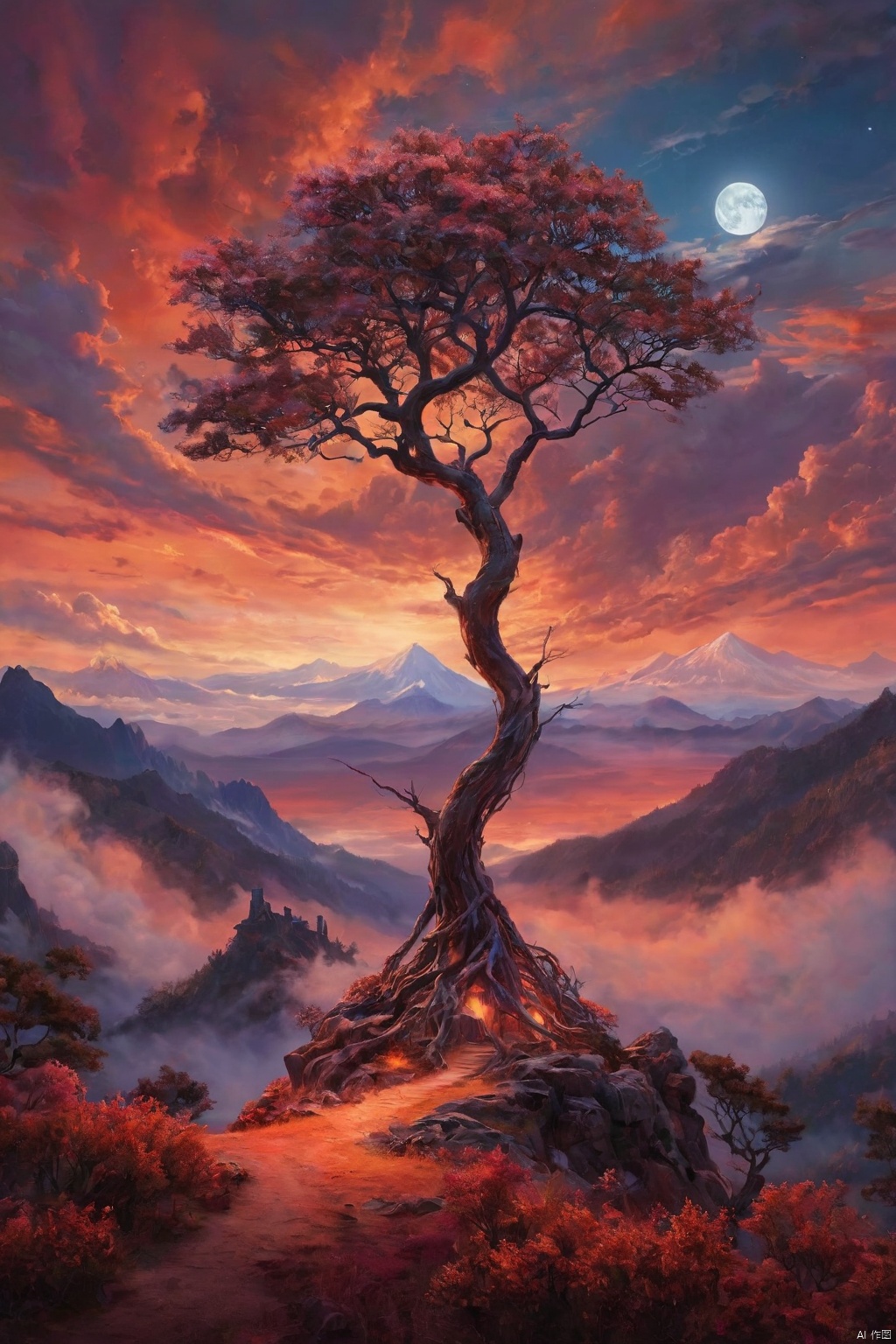 the image presents a surrealistic landscape scene. dominating the background is a large mountain, adorned with a red orange hue that transitions into deep orange and brown hues near the peak. the mountain's top is capped with a red light, adding an eerie glow to the scene. in the foreground, there's a tree with gnarled branches reaching out towards the sky, reminiscent of a bony hand. this tree appears to be made of black lines against a backdrop of red orange clouds. above, the night sky is visible, with the moon casting a soft white light. despite being set at night, the colors and lighting give the scene a dreamy and ethereal quality., romantic impressionism, dream scenery art, beautiful oil matte painting, romantic, style of thomas kinkade, beautiful digital painting, anime landscape, romantic painting, thomas kinkade style painting, dreamlike digital painting, colorful painting, beautiful gorgeous digital art, style thomas kinkade

