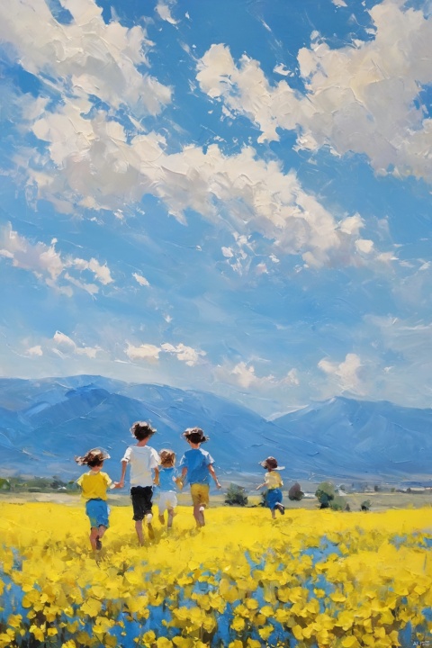 Impressionist style, strong contrast, rich colors, natural light, Oil painting, rapeseed flowers, flower fields, Fresh flower,sky, white clouds, distant mountains, scenery, Three kids, boy, girl, black hair, rapeseed fields running inside, yellow butterflies, blue short sleeves