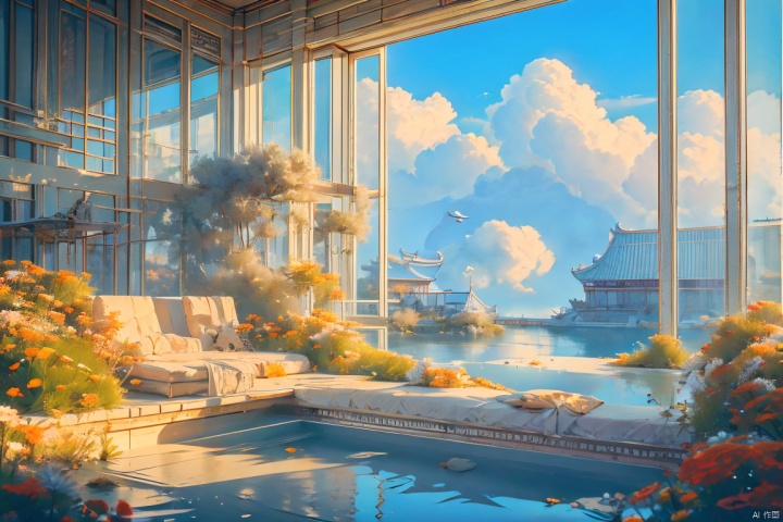 Houses floating in the sky,Sky, blue sky and white clouds, Chinese architecture,( city in the sky), whales, flying fish, plants, flowers, gjz, Ancient China_Indoor scenes, tiangong,(best quality), (masterpiece), extremely detailed, Amazing, finely detail, official art, ultra-detailed, highres,