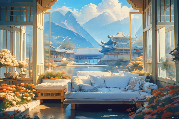 Houses floating in the sky,Sky, blue sky and white clouds, Chinese architecture,( city in the sky), whales, flying fish, plants, flowers, gjz, Ancient China_Indoor scenes, tiangong,(best quality), (masterpiece), extremely detailed, Amazing, finely detail, official art, ultra-detailed, highres,