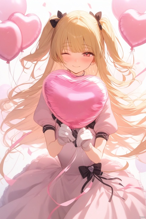 1girl, solo, long hair, looking at viewer, blush, smile, bangs, blonde hair, gloves, white background, dress, bow, holding, very long hair, closed mouth, short sleeves, hair bow, heart, one eye closed, puffy sleeves, white gloves, two side up, puffy short sleeves, hands up, black bow, pink bow, pink dress, ;\), balloon, holding balloon, heart balloon, masterpiece