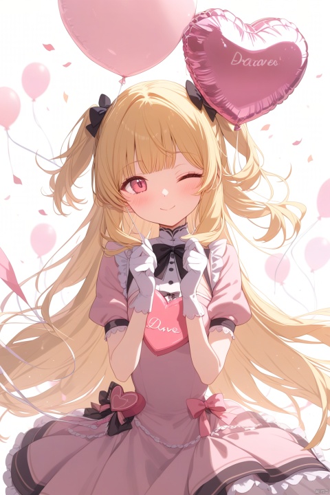1girl, solo, long hair, looking at viewer, blush, smile, bangs, blonde hair, gloves, white background, dress, bow, holding, very long hair, closed mouth, short sleeves, hair bow, heart, one eye closed, puffy sleeves, white gloves, two side up, puffy short sleeves, hands up, black bow, pink bow, pink dress, ;\), balloon, holding balloon, heart balloon, masterpiece