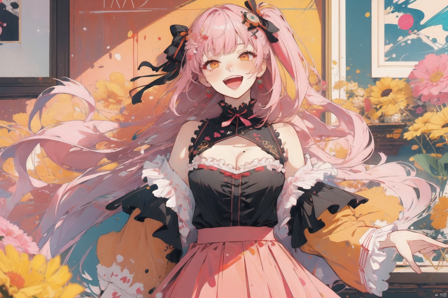 (masterpiece:1.2),best quality,PIXIV,1girl,solo,(facial focus),(flowers,flat color,lineart,abstract,ornate),,
breasts,1girl,skirt,looking at viewer,bangs,multicolored hair,cleavage,smile,thigh strap,long hair,black hair,clothing cutout,large breasts,ribbon,solo,hair ribbon,virtual youtuber,open mouth,shirt,blunt bangs,pink hair,cleavage cutout,indoors,two side up,frilled shirt,bare shoulders,hair ornament,blurry,frills,pink shirt,picture frame,red skirt,teeth,:d,red ribbon,long sleeves,blush,thighs,orange eyes,brown eyes,black shirt,streaked hair,jewelry,