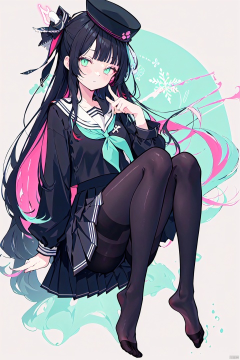 ((multicolored hair, messy hair, bangs,sidelocks, payot, hair strand)),(balck thighhighs,thighhighs),(slit pupils, glowing eyes, light green eyes:1.25),(Exhale, long hair, light black hair:1.3),(flowers,flat color,lineart,abstract,ornate),light green theme,
looking at viewer,black serafuku, black shirt, black skirt, blue neckerchief,hair ribbon, hat, long hair, neckerchief, pantyhose, pleated skirt, ribbon, school uniform, serafuku,skirt, very long hair, blush, bangs, shirt, long sleeves,blunt bangs, clothes lift,bare feet,soles,toes,head tilt, black pantyhose, one side up, skirt lift, stuffed toy, stuffed animal, blue ribbon, skirt hold, zoom layer, stuffed bunny,V-shaped gesture

