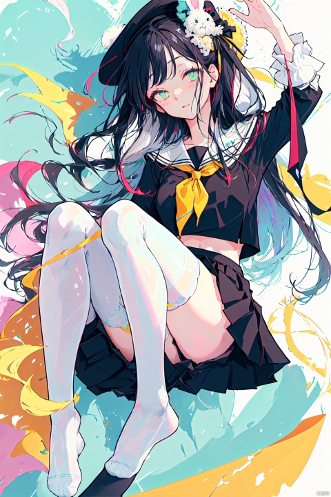 ((multicolored hair, messy hair, bangs,sidelocks, payot, hair strand)),(white thighhighs,thighhighs),(slit pupils, glowing eyes, light green eyes:1.25),(Exhale, long hair, light black hair:1.3),(flowers,flat color,lineart,abstract,ornate),light green theme,
looking at viewer,black serafuku, black shirt, black skirt, blue neckerchief,hair ribbon, hat, long hair, neckerchief, pantyhose, pleated skirt, ribbon, school uniform, serafuku,skirt, very long hair, blush, bangs, shirt, long sleeves,blunt bangs, clothes lift,head tilt, black pantyhose, one side up, skirt lift, stuffed toy, stuffed animal, blue ribbon, skirt hold, zoom layer, stuffed bunny,V-shaped gesture,feet, soles, from below, foot focus,White Stockings,white thighhighs

