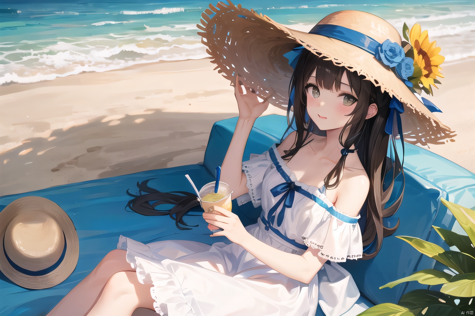  hat, 1girl, straw_hat, dress, hat_flower, white_dress, sitting, cup, solo, long_hair, flower, ribbon, looking_at_viewer, bare_shoulders, off_shoulder, outdoors, holding, disposable_cup, day, blue_ribbon, drinking_straw, brown_headwear, sun_hat, beach