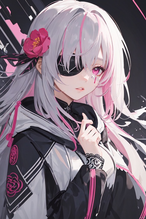 (masterpiece:1.2),best quality,PIXIV,1girl,solo,(facial focus),(flowers,flat color,lineart,abstract,ornate),

looking at viewer, bangs, long sleeves, hair between eyes, jacket, upper body, pink hair, grey hair, parted lips, hand up, hood, pink eyes, eyepatch, colorful, glitch,