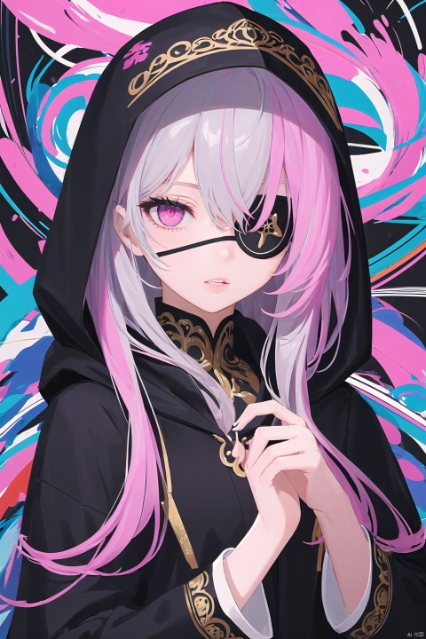  (masterpiece:1.2),best quality,PIXIV,1girl,solo,(facial focus),(flowers,flat color,lineart,abstract,ornate),

looking at viewer, bangs, long sleeves, hair between eyes, jacket, upper body, pink hair, grey hair, parted lips, hand up, hood, pink eyes, eyepatch, colorful, glitch,