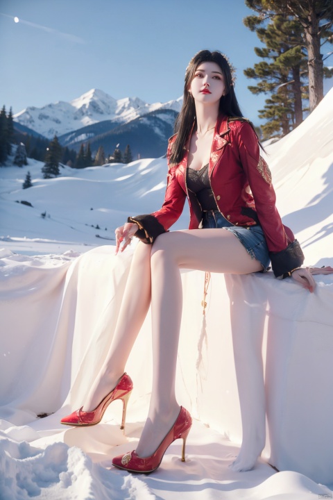  Full-body photos of a girl, Winter, realism, 8k, snow, winter,sexy Short 
 jeans,detail face, beautiful face, light master,Huge flowers, bare long legs, high heels, light rays,
snowfield,snow mountain,