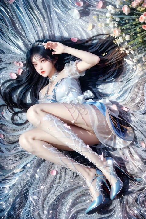  White gauze wedding dress, white pantyhose, white theme, petals floating in the air, flowers everywhere, wearing high heels,Lying on the ground.