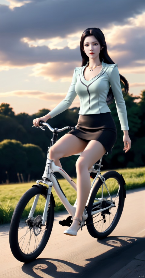  solo, 1girl,outdoors, sky, cloud, helmet, ground,sunset, riding, bicycle, BY MOONCRYPTOWOW,high_heels,yellow_footwear,pencil_skirt,long_hair