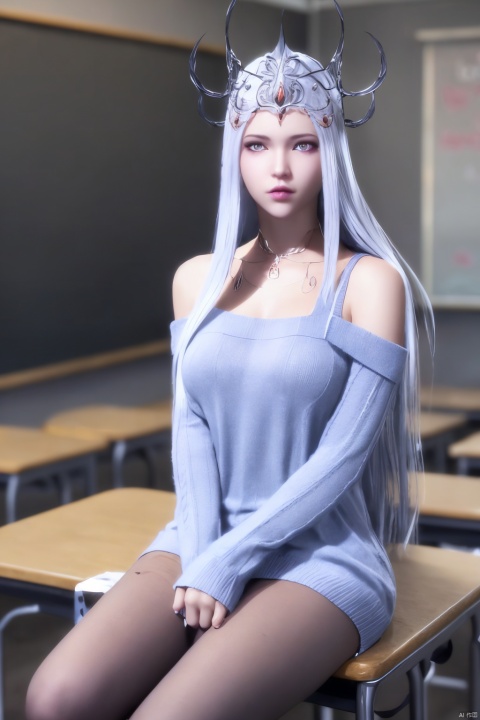 ((HRD, HUD, 8K)),((masterpiece, best quality)), highly detailed, soft light,1girl, solo, long hair, white hair, blue eyes, facial mark, forehead mark, crescent, lips, (off-shoulder sweater:1.2), denim shorts, black pantyhose, blurry background, classroom, chalkboard, sitting, cowboy shot, looking at viewer,