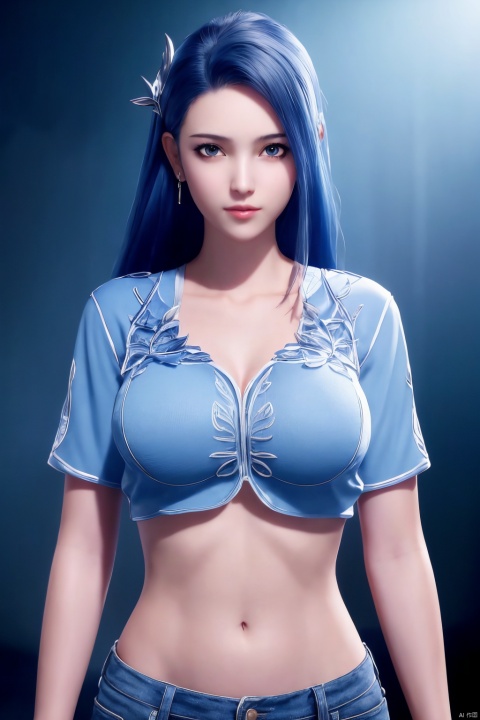 best quality,masterpiece,ultra high res,1girl,breast,pure color background, solo,long hair,blue hair,navel,jacket,(short shirt:1.3),midriff,hair over one eye,crop top,looking at viewer,