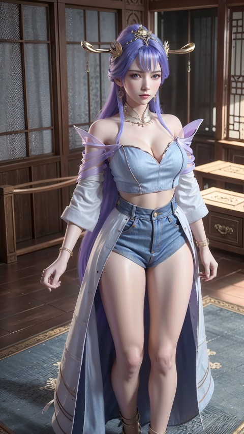  Best quality, masterpiece,  illustration,  detailed,1girl, solo, blue eyes,,break,,(White sweater:1.4),,break,,( denim skirt:1.4),standing by the bed , bedroom, blush, full body, off shoulder, open mouth, bare shoulders, off-shoulder sweater, long sleeves, collarbone, large breasts, cleavage
,bangs, hair between eyes,purple hair , long hair , sleeves past wrists