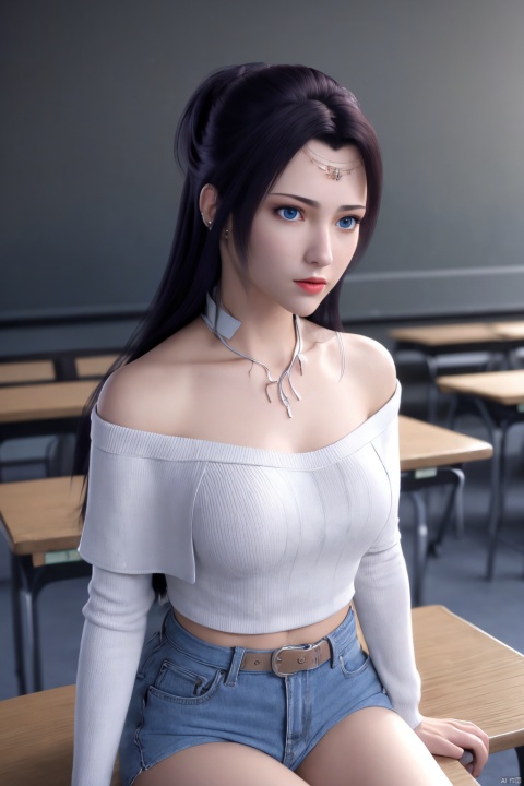 ((HRD, HUD, 8K)),((masterpiece, best quality)), highly detailed, soft light,1girl, solo, long hair, blue hair, black hair, hair ornament, blue eyes, facial mark, forehead mark, crescent, lips, (off-shoulder sweater:1.2), denim shorts, black pantyhose, blurry background, classroom, chalkboard, sitting, cowboy shot, looking at viewer,