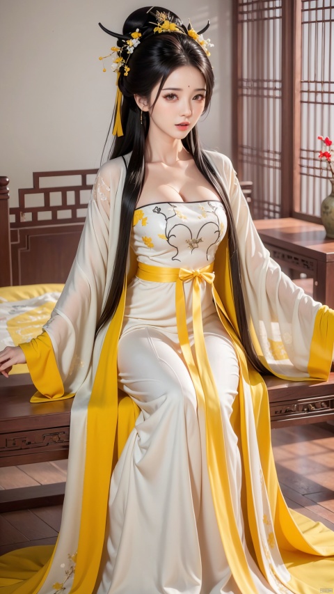  ((1girls: 1.4)), (Full body), black long hair, one girl with white plain embroide yellow hanfu, a girl with red hanfu,white and red dress,, bed room, sitting in bed,